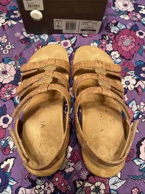 Vionic Triple-Strap Gold Cork-Textured Sandals with Velcro Straps
